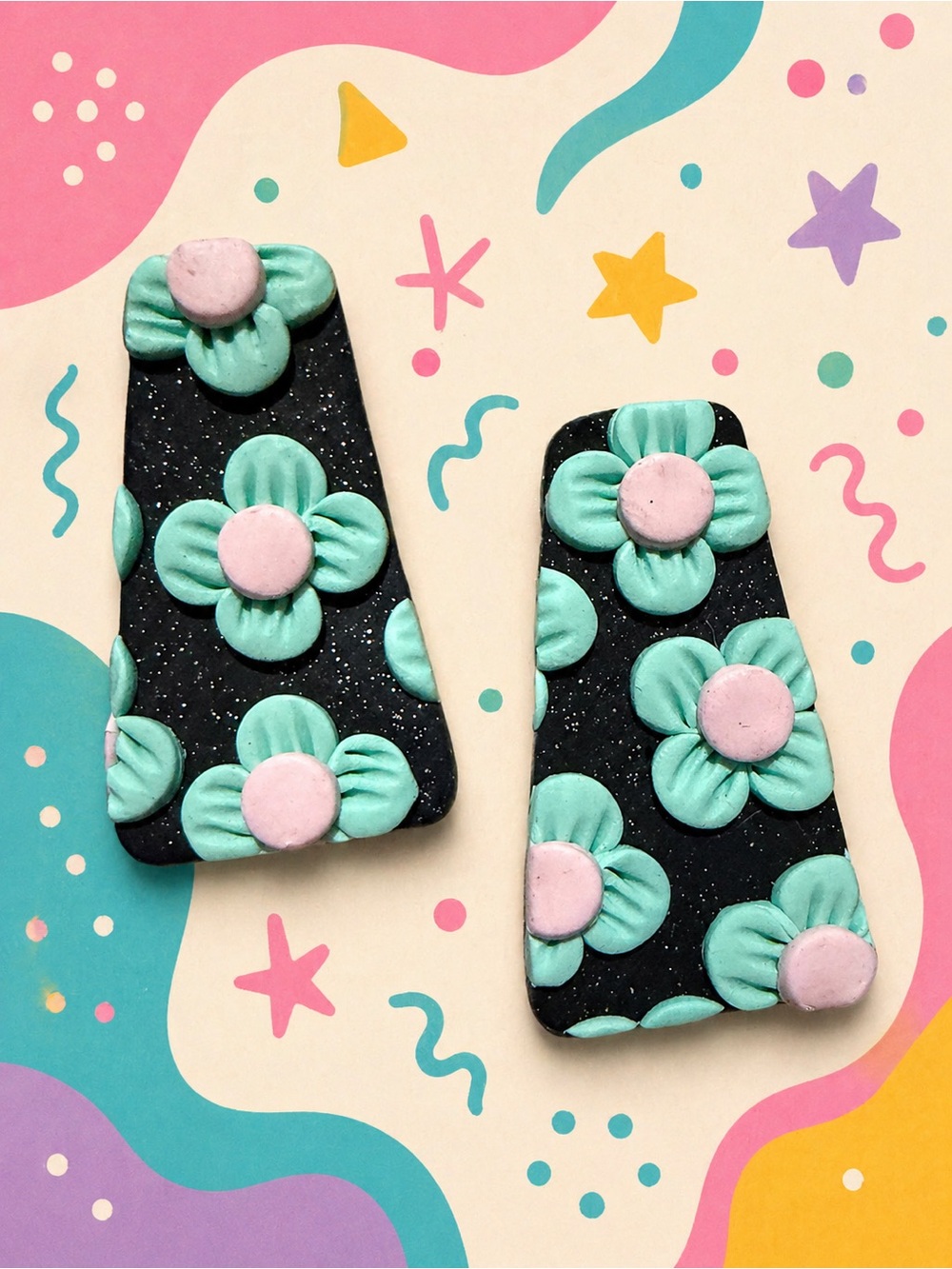 Handmade Black Floral Handmade Polymer Clay Earrings with Mint and Pink Accents